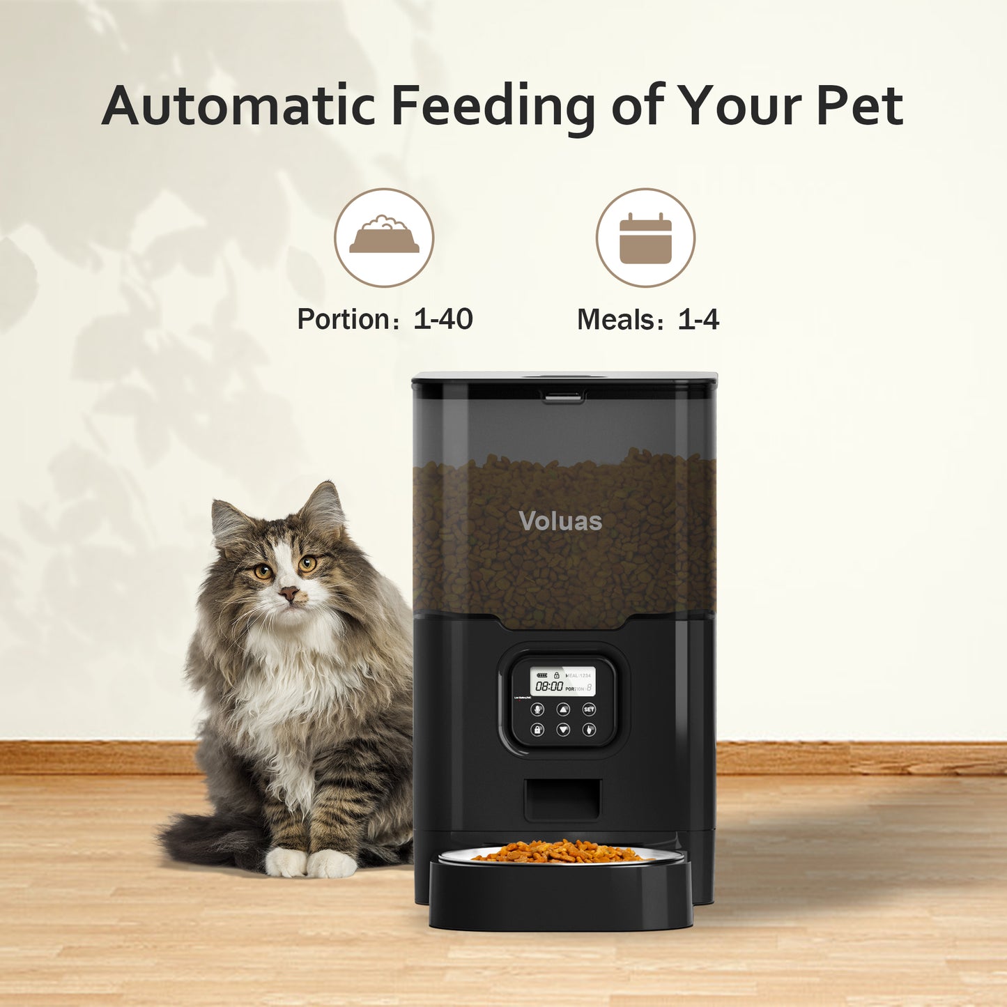 VOLUAS Cat Dry Food Dispenser with Timer, Automatic Cat Feeders with Desiccant Bag, Programmable Portion Size Control 4 Meals Per Day, 10s Voice Recorder