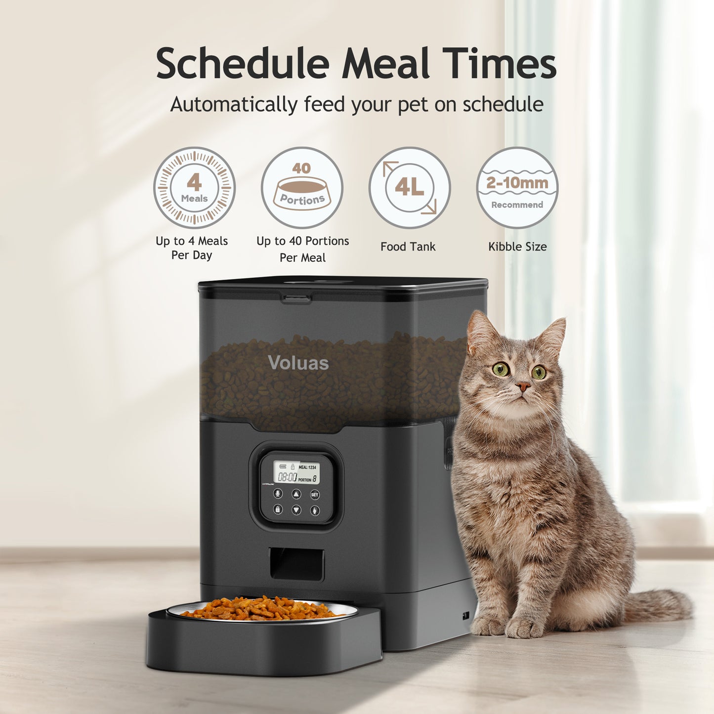 VOLUAS Cat Dry Food Dispenser with Timer, Automatic Cat Feeders with Desiccant Bag, Programmable Portion Size Control 4 Meals Per Day, 10s Voice Recorder