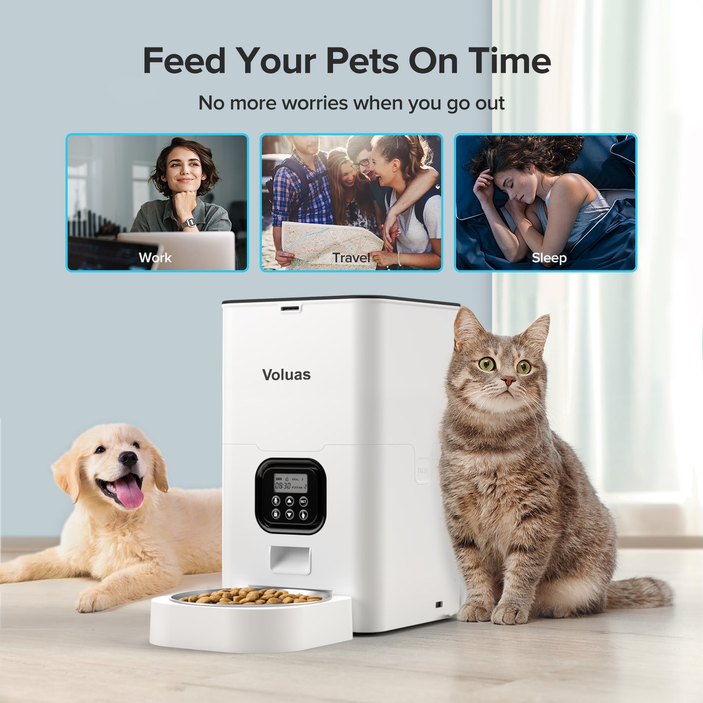 VOLUAS Automatic Cat Feeders, Pet Food Dispenser for Dry Food, Timed Cat Feeder with Desiccant Bag, Programmable Portion Size Control 4 Meals Per Day, 10s Voice Recorder