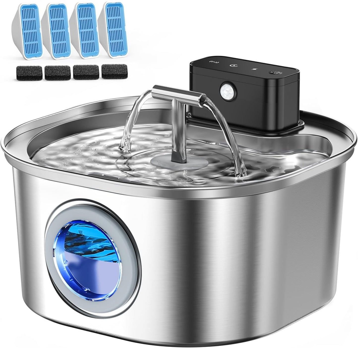 Voluas Stainless Steel Cat Water Fountain, Wireless Pet Drinking Fountain for Cats Indoor, Cordless Automatic Water Dispenser with 4 Filters + 4 Sponges(108oz/3.2L)