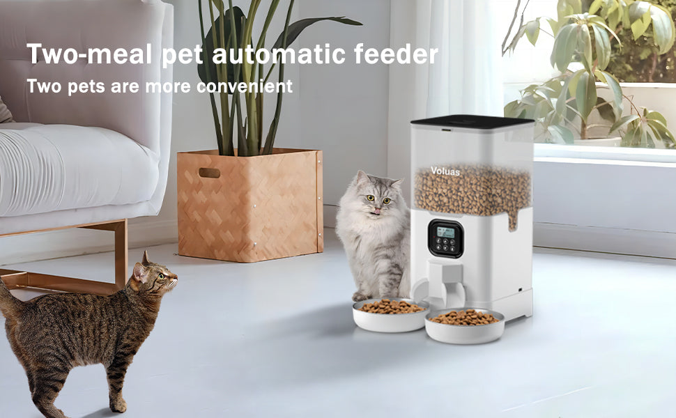 Voluas Automatic Cat Feeders for Two Cats, Double Pet Feeder with 2 Stainless Steel Bowls,6L Timed Cat Feeder with Memory Function, Pet Food Dish
