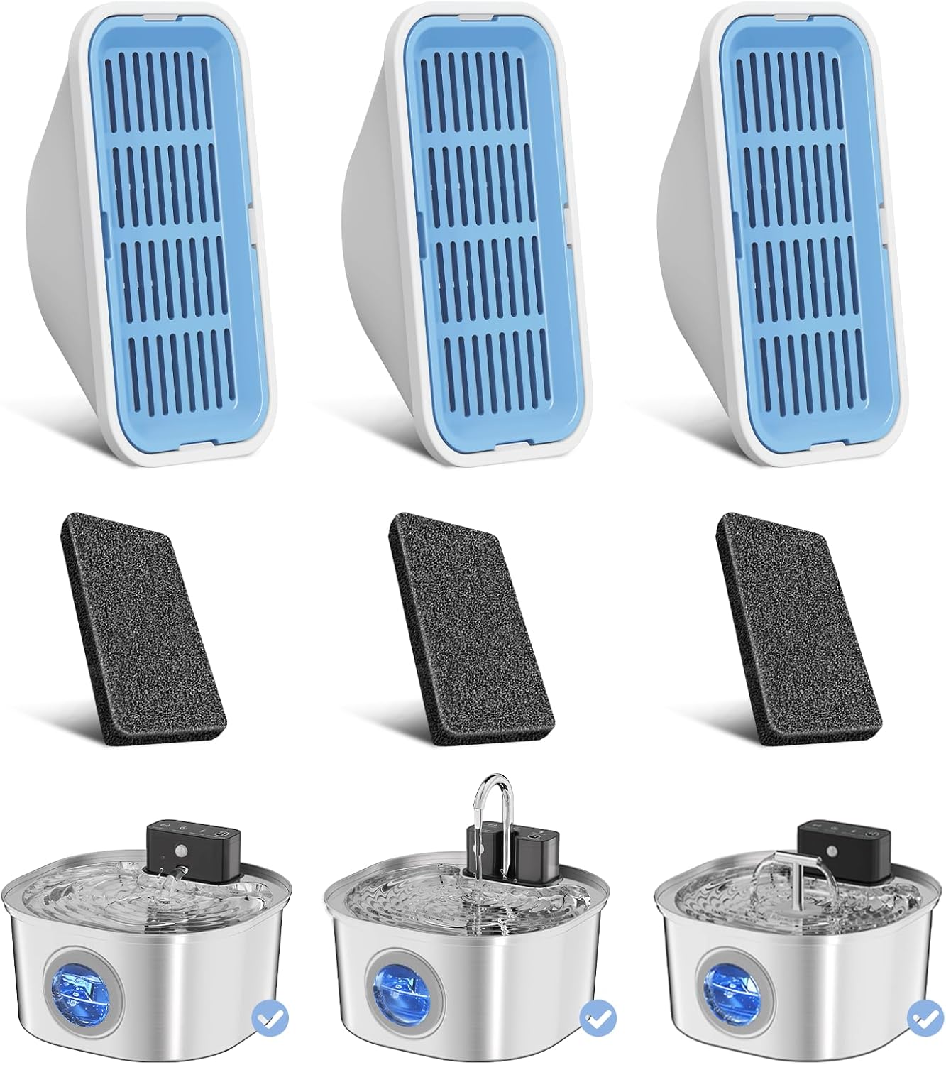 Replacement Cat Water Fountain Filters, 3 Filters and 3 Pre-Filter Sponges for 108oz/3.2L Stainless Steel Pet Water Fountain 309A/309B/309C