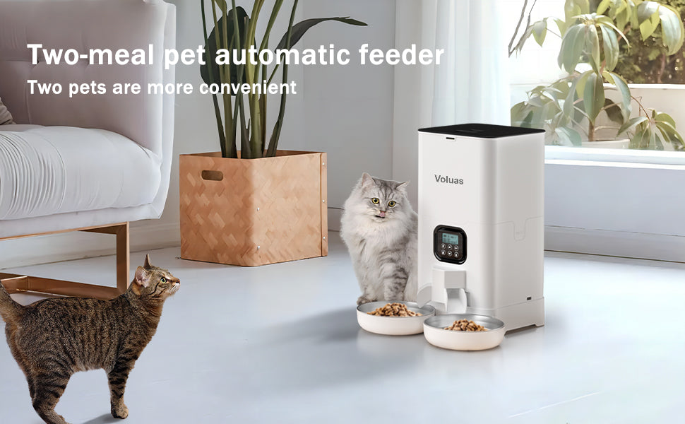 Voluas Automatic Cat Feeders for Two Cats, Double Pet Feeder with 2 Stainless Steel Bowls,6L Timed Cat Feeder with Memory Function, Pet Food Dish