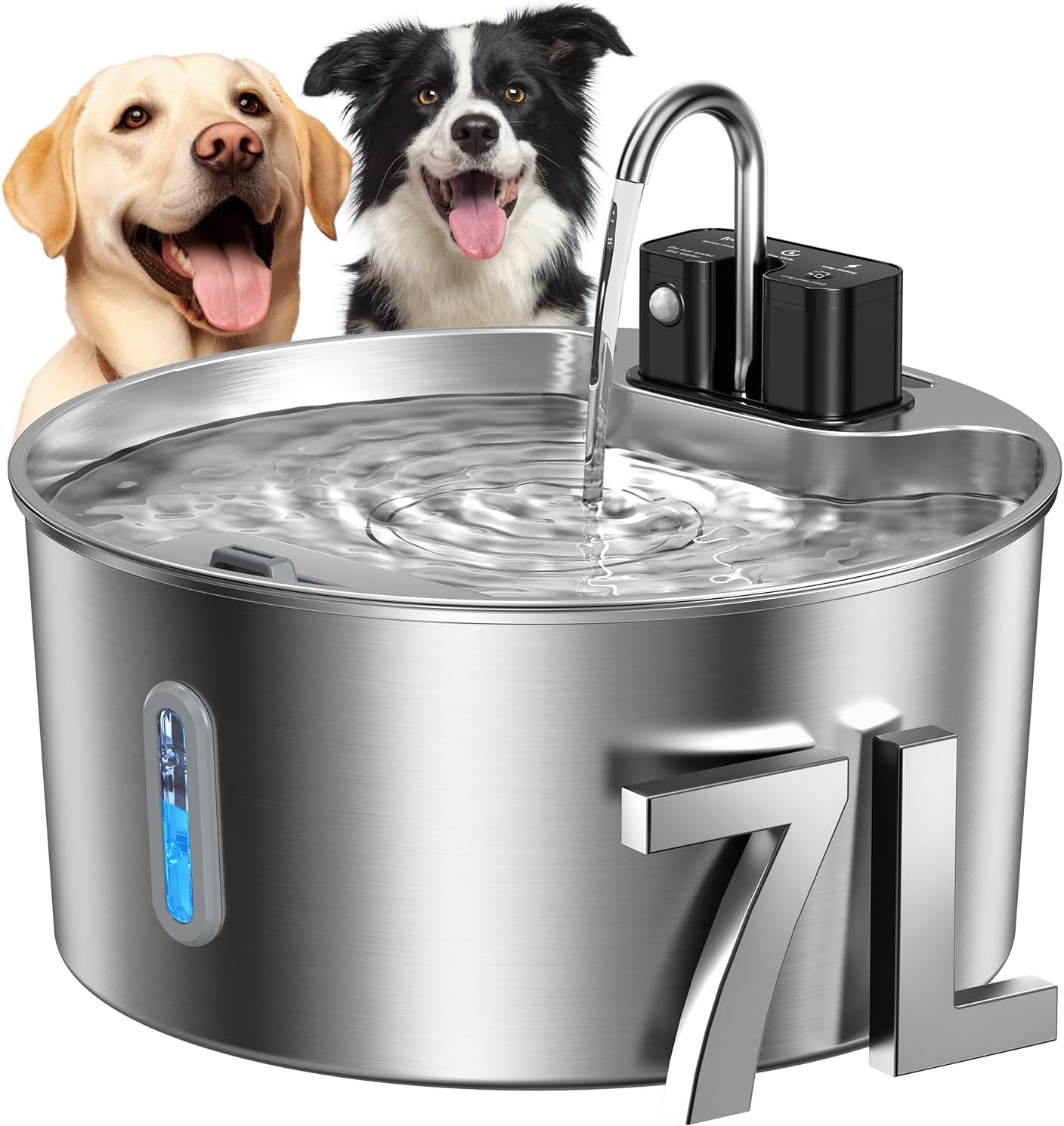 Dog Water Fountain for Large Dogs: Voluas 1.8Gal/7L Wireless Stainless Steel Pet Water Fountain Indoor, Battery 0perated Automatic Pet Water Dispenser with Ultra-Quiet Pump