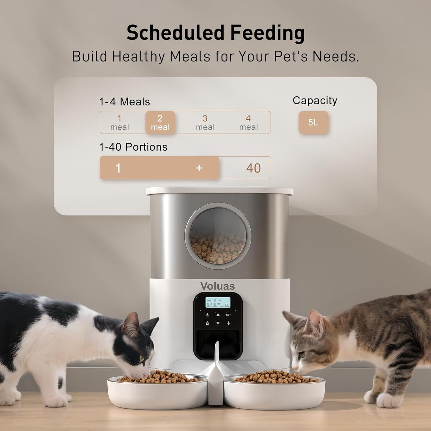 VOLUAS Automatic Cat Feeders for Two Cats, Pet Feeder for Cats and Dogs Timed Cat Feeder Pet Dry Food Dispenser, White
