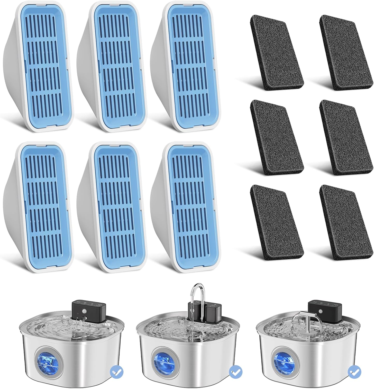 Replacement Cat Water Fountain Filters, 6 Filters and 6 Pre-Filter Sponges for 108oz/3.2L Stainless Steel Pet Water Fountain 309A/309B/309C