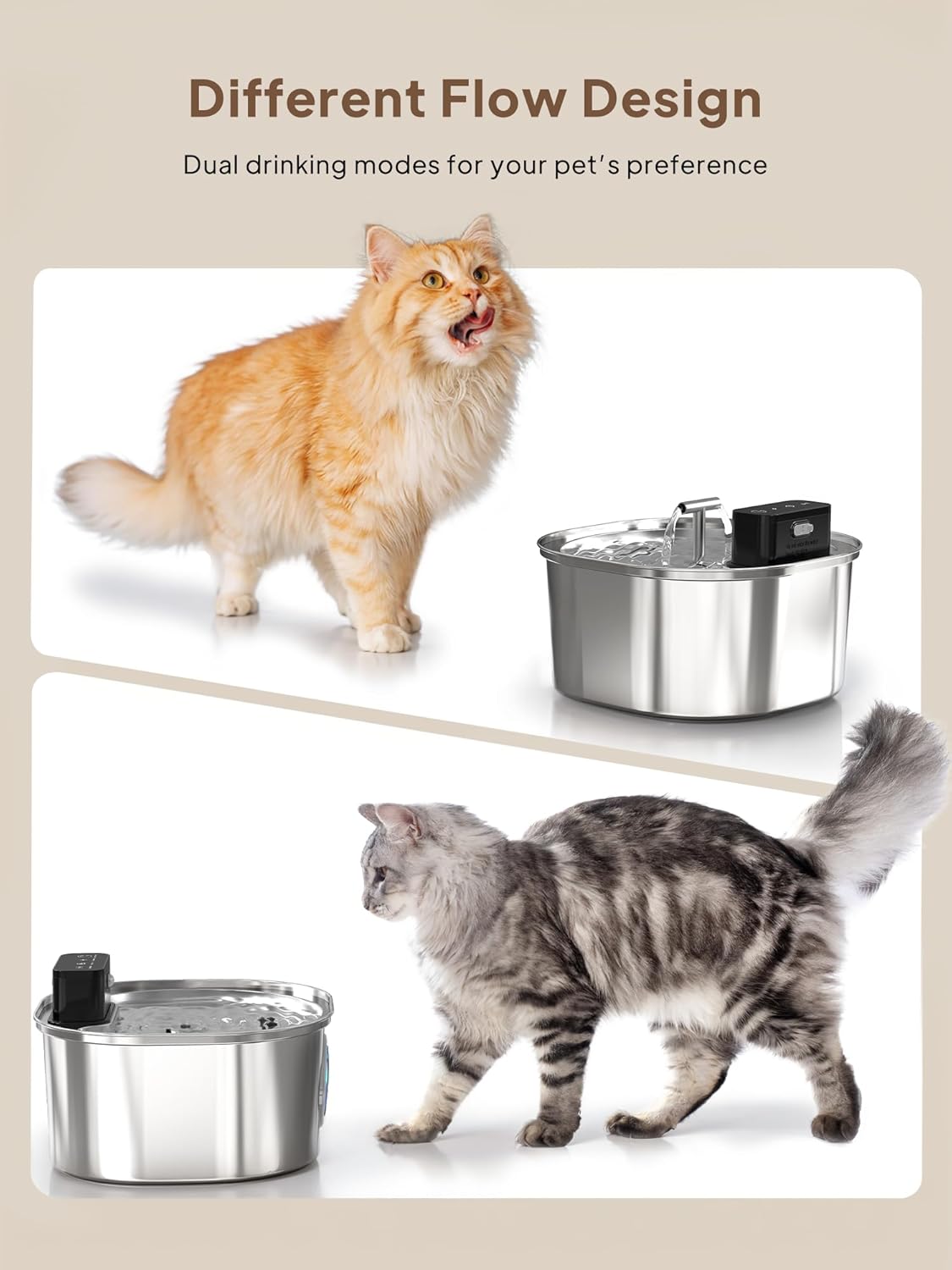 Voluas Stainless Steel Cat Water Fountain, Wireless Pet Drinking Fountain for Cats Indoor, Cordless Automatic Water Dispenser with 4 Filters + 4 Sponges(108oz/3.2L)