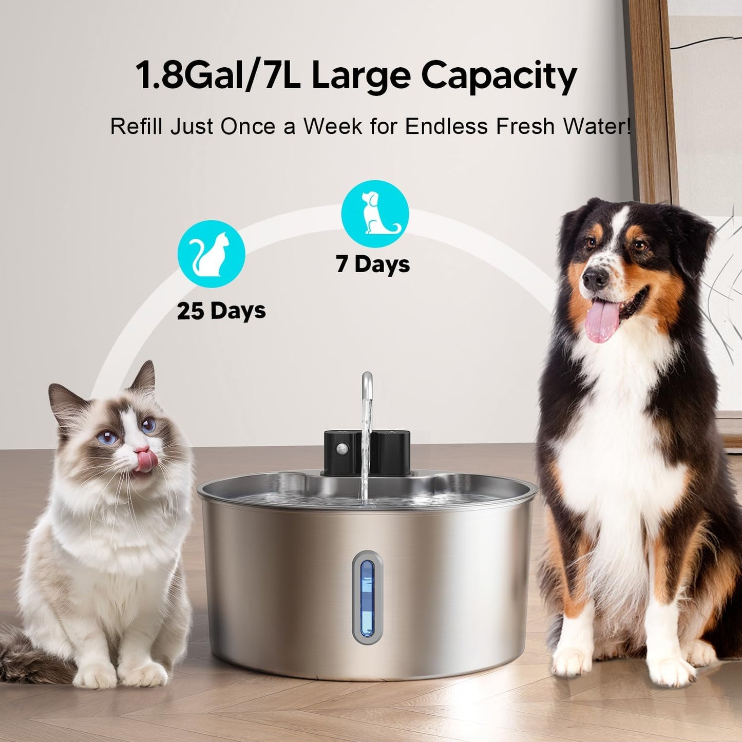 Dog Water Fountain for Large Dogs: Voluas 1.8Gal/7L Wireless Stainless Steel Pet Water Fountain Indoor, Battery 0perated Automatic Pet Water Dispenser with Ultra-Quiet Pump