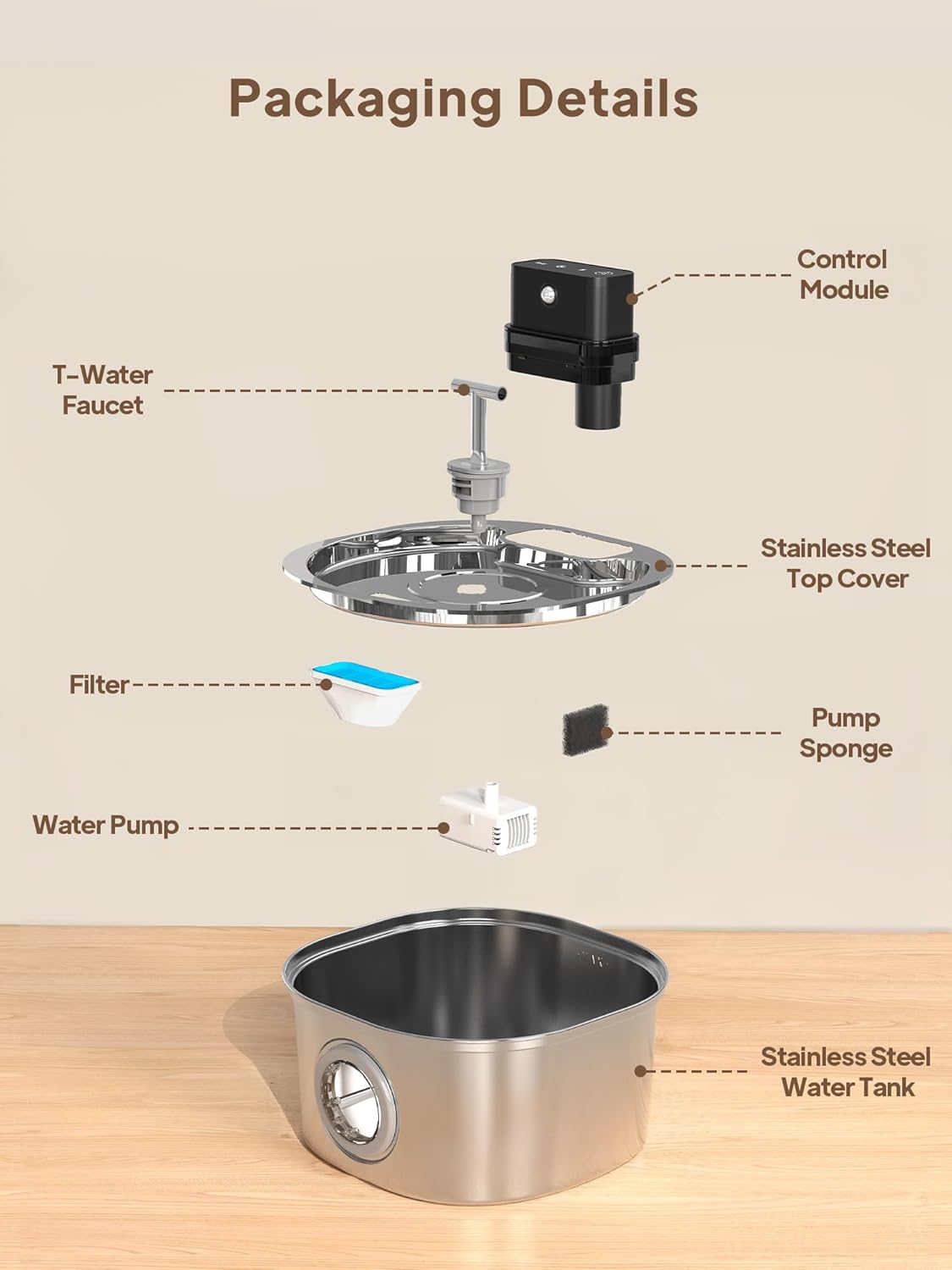 Voluas Stainless Steel Cat Water Fountain, Wireless Pet Drinking Fountain for Cats Indoor, Cordless Automatic Water Dispenser with 4 Filters + 4 Sponges(108oz/3.2L)