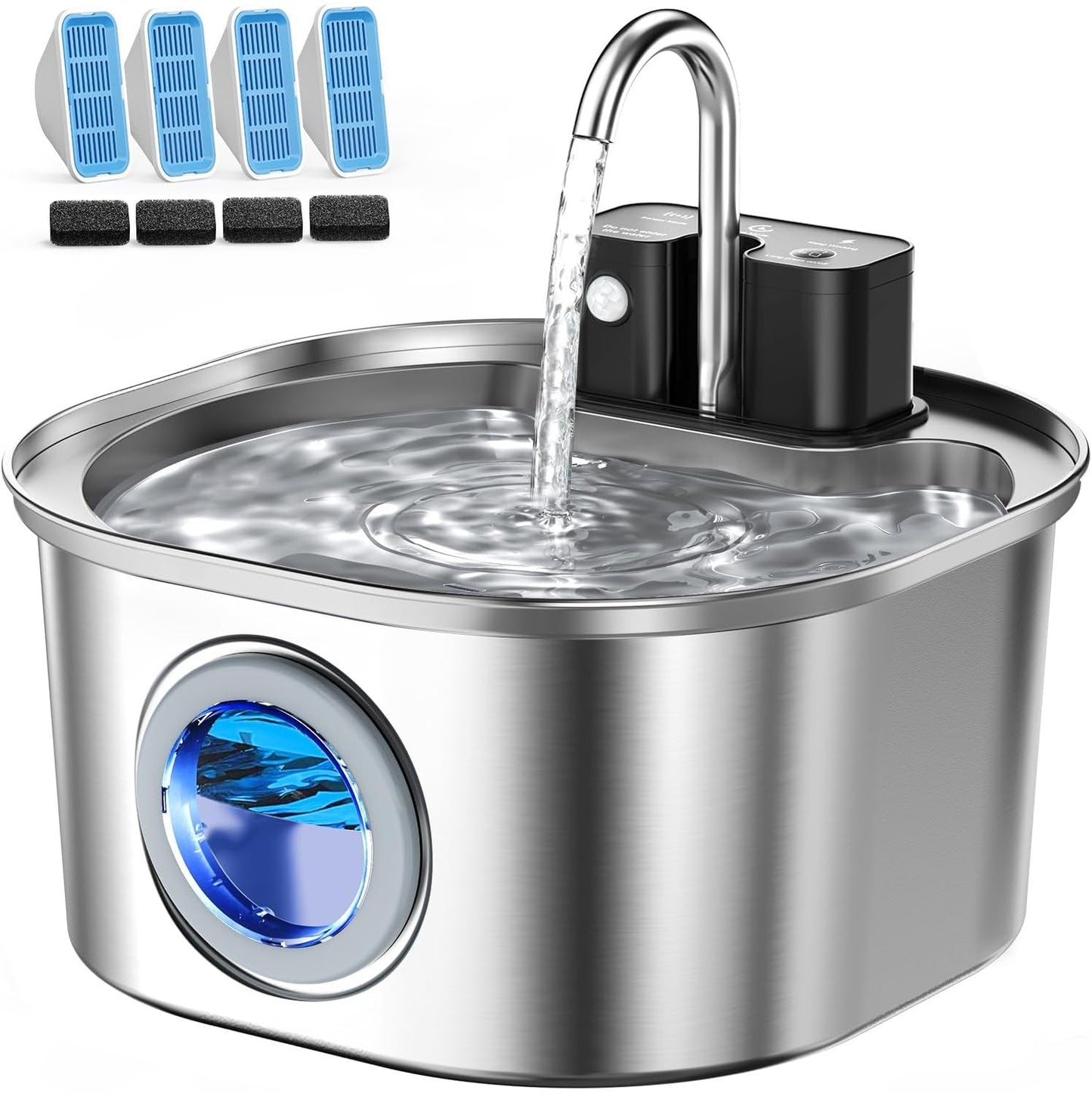 Voluas Stainless Steel Cat Water Fountain, Wireless Pet Drinking Fountain for Cats Indoor, Cordless Automatic Water Dispenser with 4 Filters + 4 Sponges(108oz/3.2L)