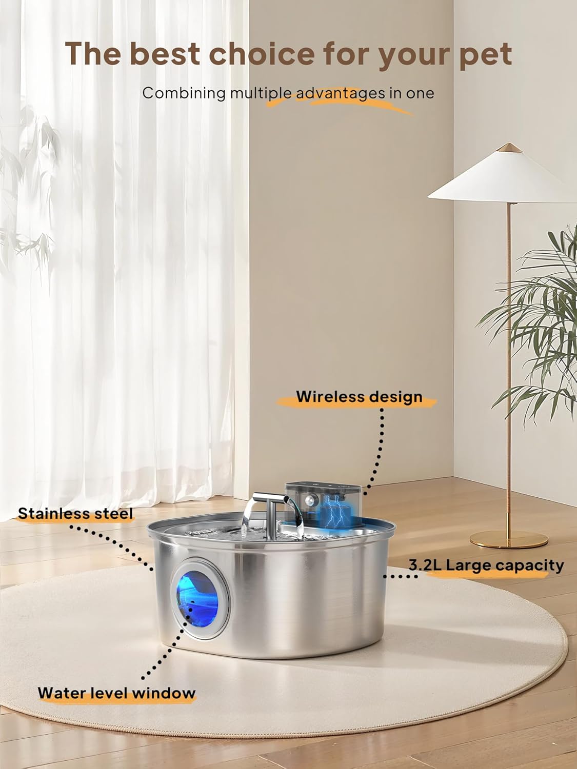 Voluas Stainless Steel Cat Water Fountain, Wireless Pet Drinking Fountain for Cats Indoor, Cordless Automatic Water Dispenser with 4 Filters + 4 Sponges(108oz/3.2L)