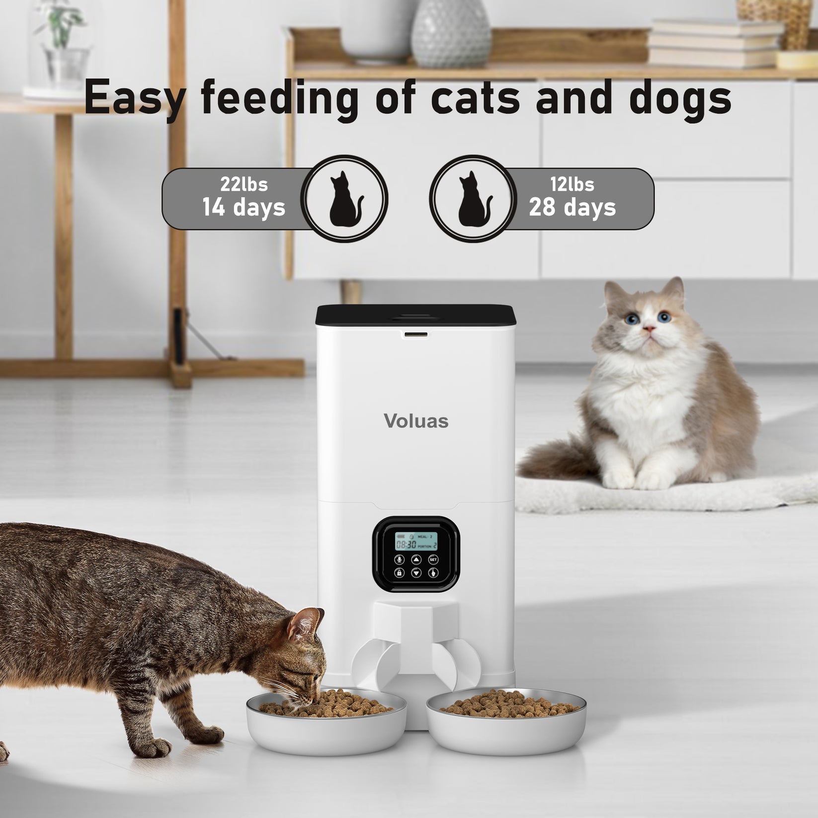 Voluas Automatic Cat Feeders for Two Cats, Double Pet Feeder with 2 St