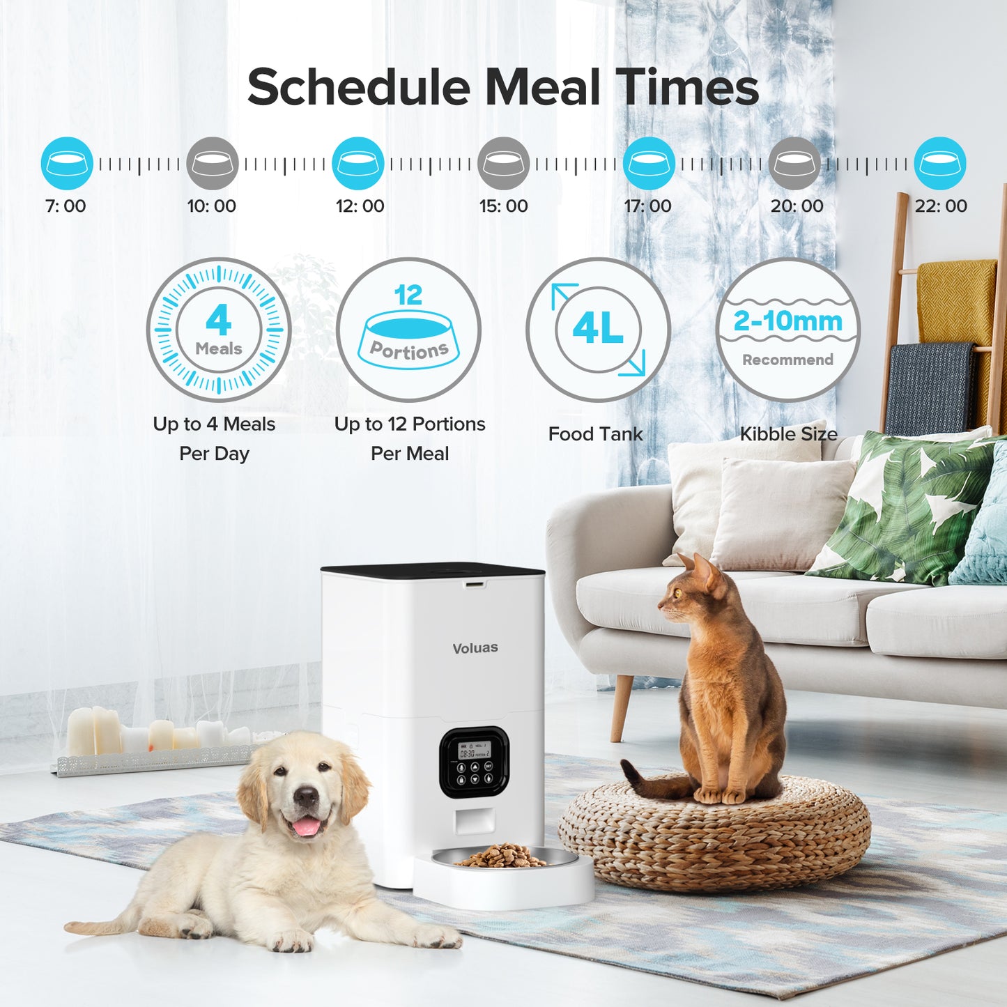 VOLUAS Automatic Cat Feeders, Pet Food Dispenser for Dry Food, Timed Cat Feeder with Desiccant Bag, Programmable Portion Size Control 4 Meals Per Day, 10s Voice Recorder