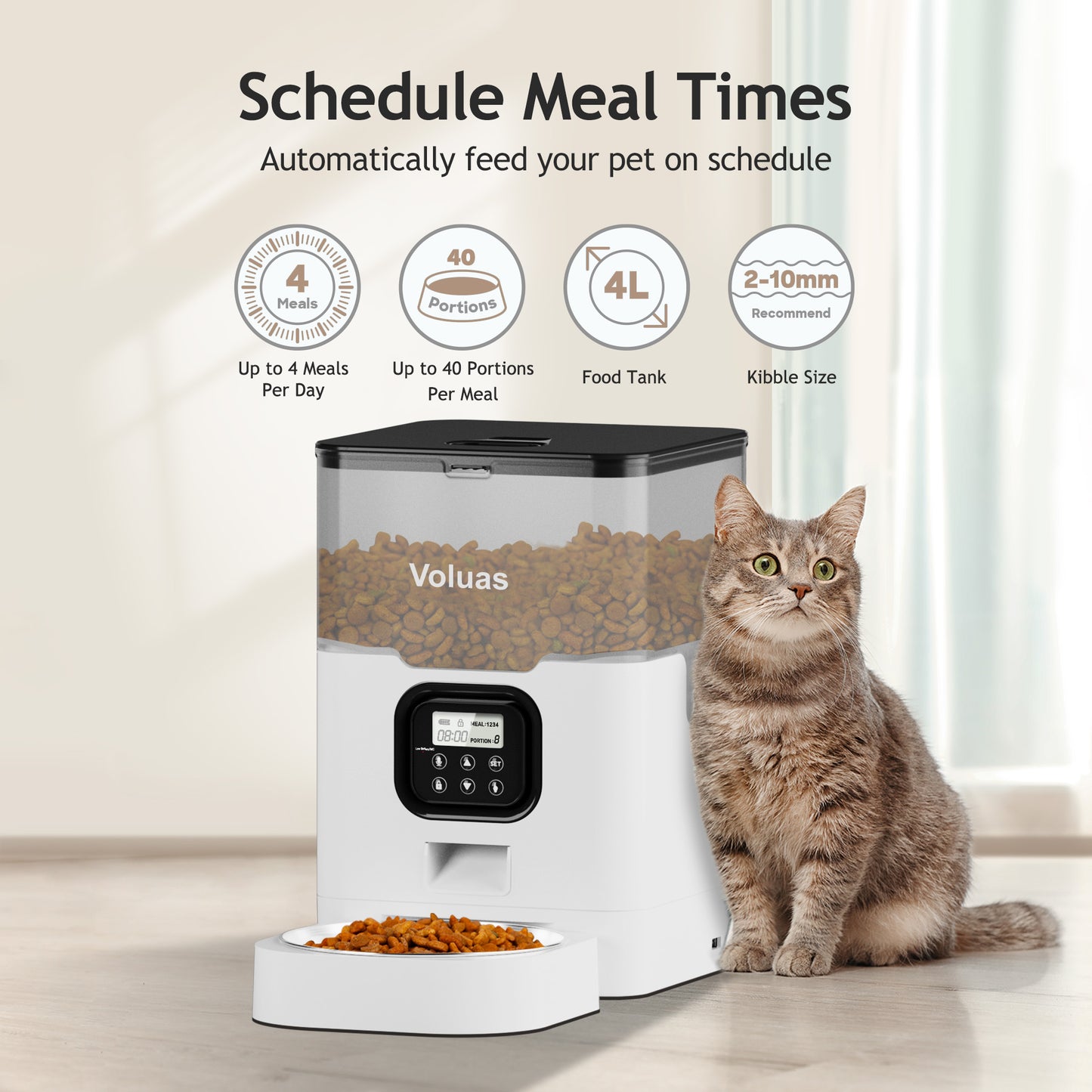 VOLUAS Automatic Cat Feeders, Pet Food Dispenser for Dry Food, Timed Cat Feeder with Desiccant Bag, Programmable Portion Size Control 4 Meals Per Day, 10s Voice Recorder
