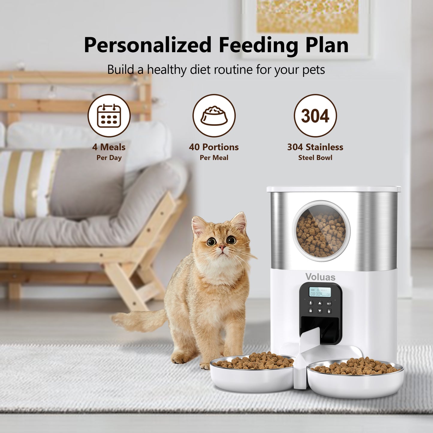 VOLUAS Automatic Cat Feeders for Two Cats, Pet Feeder for Cats and Dogs Timed Cat Feeder Pet Dry Food Dispenser, White