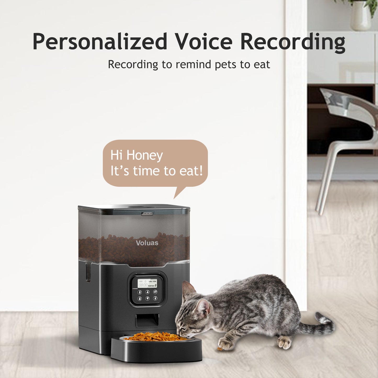 VOLUAS Cat Dry Food Dispenser with Timer, Automatic Cat Feeders with Desiccant Bag, Programmable Portion Size Control 4 Meals Per Day, 10s Voice Recorder
