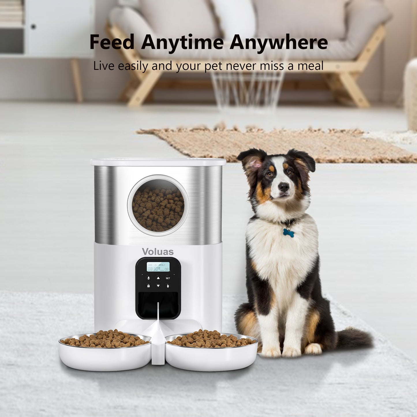 VOLUAS Automatic Cat Feeders for Two Cats, Pet Feeder for Cats and Dogs Timed Cat Feeder Pet Dry Food Dispenser, White