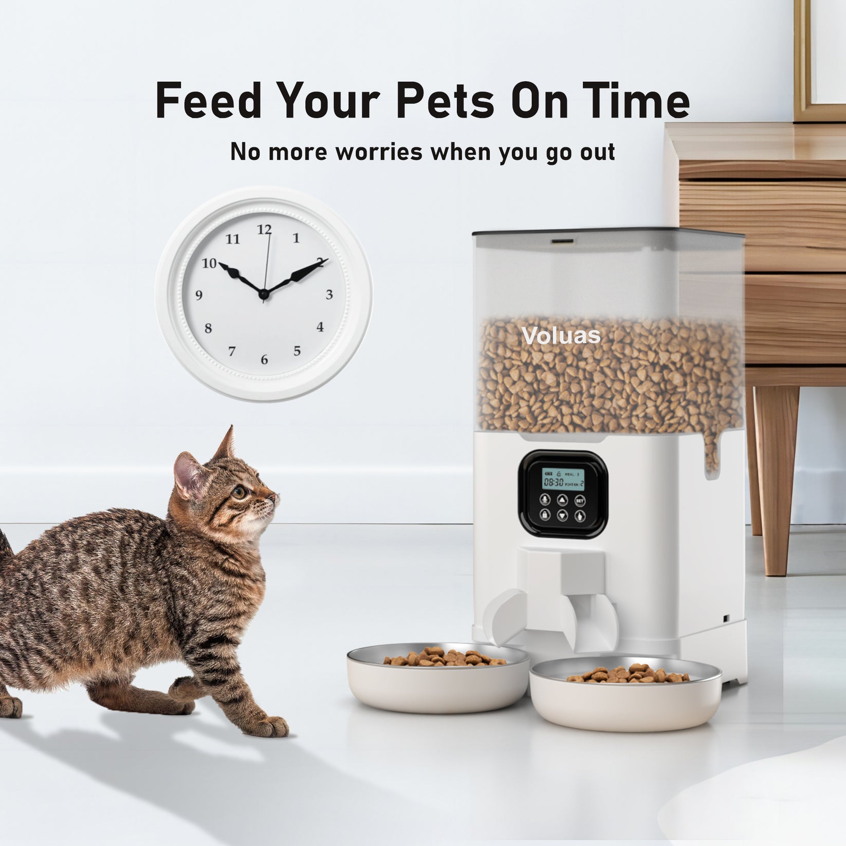 Voluas Automatic Cat Feeders for Two Cats, Double Pet Feeder with 2 St