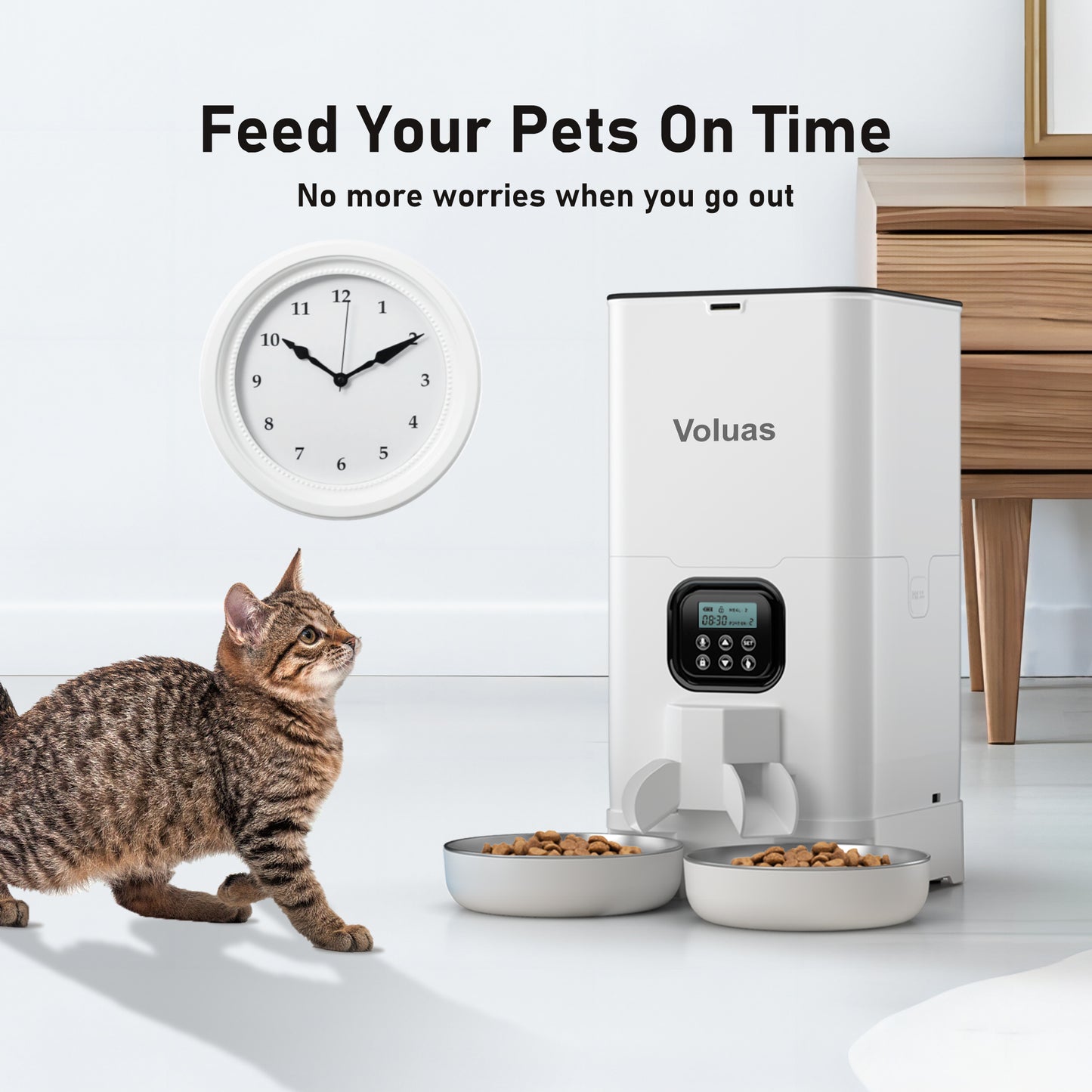 Voluas Automatic Cat Feeders for Two Cats, Double Pet Feeder with 2 Stainless Steel Bowls,6L Timed Cat Feeder with Memory Function, Pet Food Dish