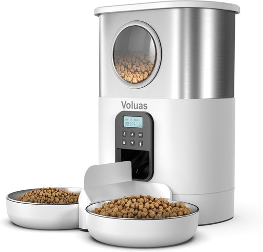 VOLUAS Automatic Cat Feeders for Two Cats, Pet Feeder for Cats and Dogs Timed Cat Feeder Pet Dry Food Dispenser, White