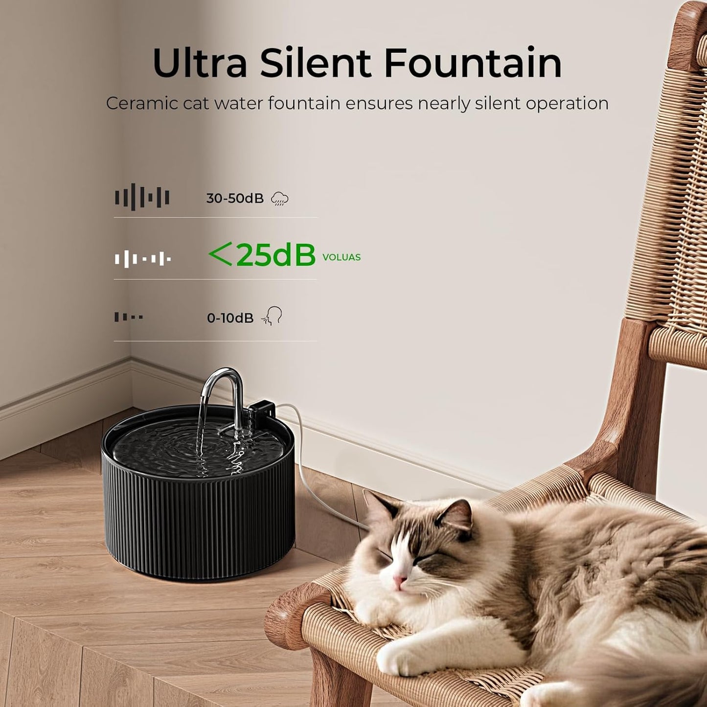 VOLUAS Black Ceramic Cat Water Fountain