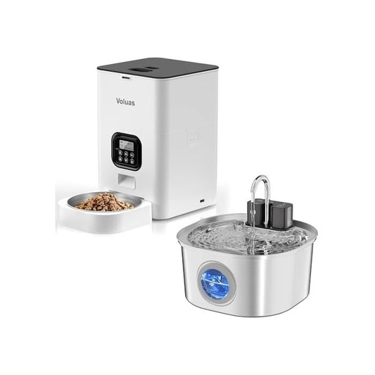 VOLUAS 4L Automatic Feeders + Stainless Steel Water Fountain