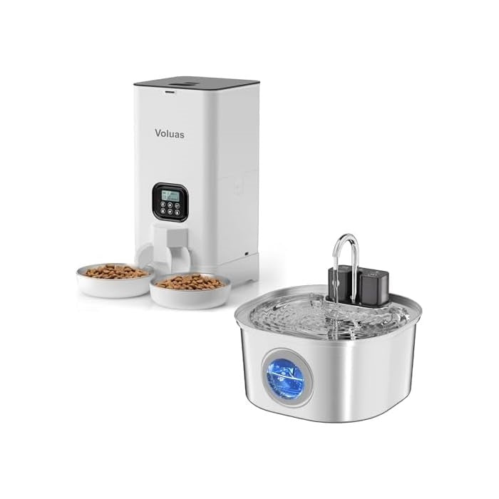 VOLUAS Smart 2 Pets Feeder + Stainless Steel Wireless Water Fountain
