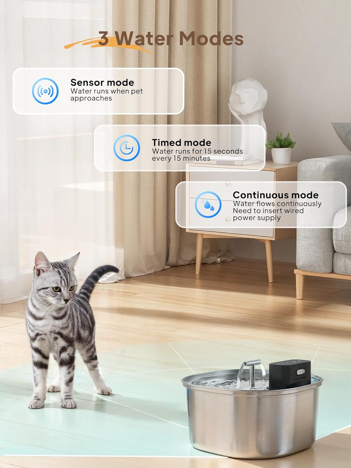 Voluas Stainless Steel Cat Water Fountain: 108oz/3.2L 3-Modes Pet Drinking Fountain Wireless Indoor Cordless Kitty Super-Silent Sensoring Fountain with Dual Water Outlet