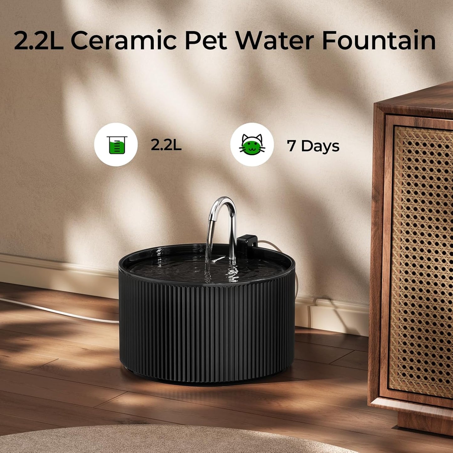 VOLUAS Black Ceramic Cat Water Fountain