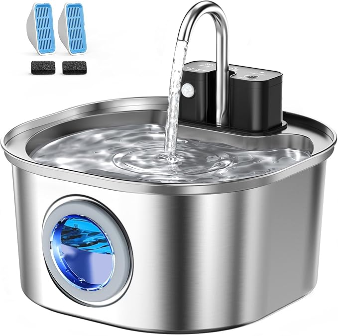 Voluas Stainless Steel Cat Water Fountain, Wireless Pet Drinking Fountain for Cats Indoor, Cordless Automatic Water Dispenser with 2 Filters + 2 Sponges(108oz/3.2L)
