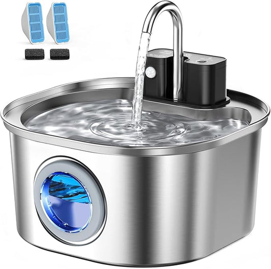 Voluas Stainless Steel Cat Water Fountain, Wireless Pet Drinking Fountain for Cats Indoor, Cordless Automatic Water Dispenser with 2 Filters + 2 Sponges(108oz/3.2L)